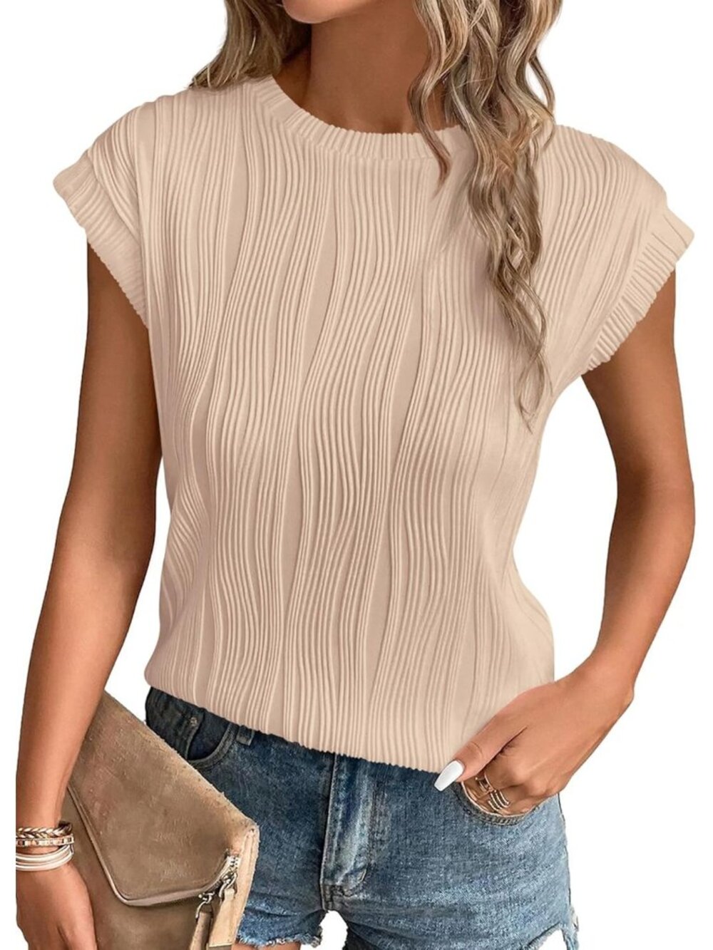 Women's Apricot Cap Sleeve Blouses Pull On Imported Casual Tops Shirts